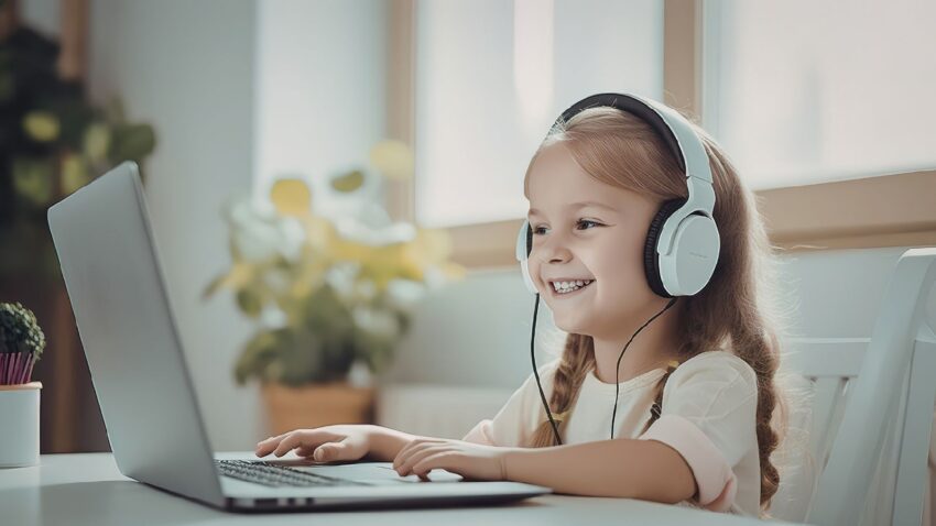 Dziewczynka rozwija umiejętność czytania dzięki lekcjom online na laptopie.