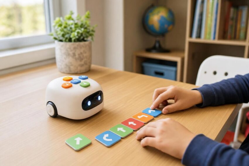 Ręce osoby układają komendy przy robocie do nauki kodowania na biurku.