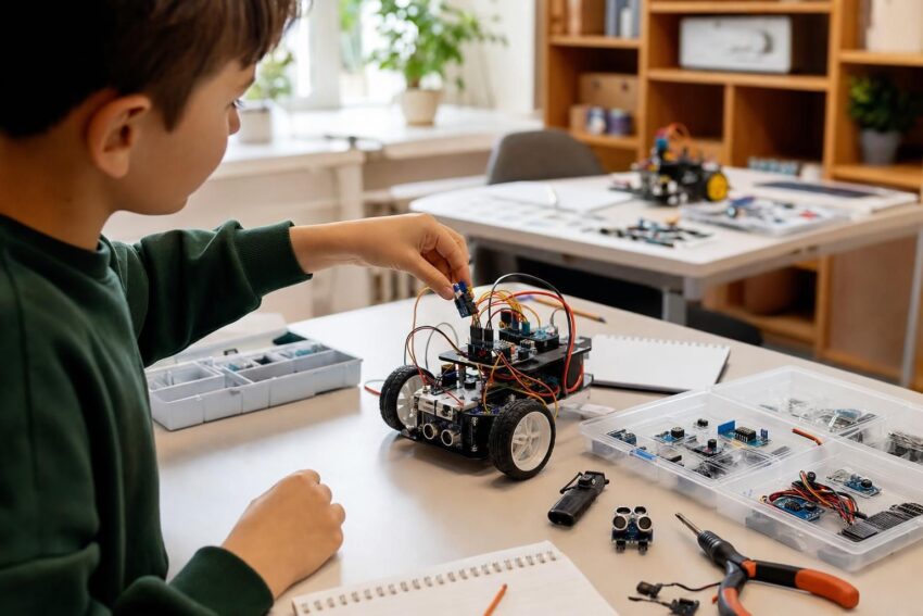 Osoba składa prostego robota przy stole w jasnej sali warsztatowej.